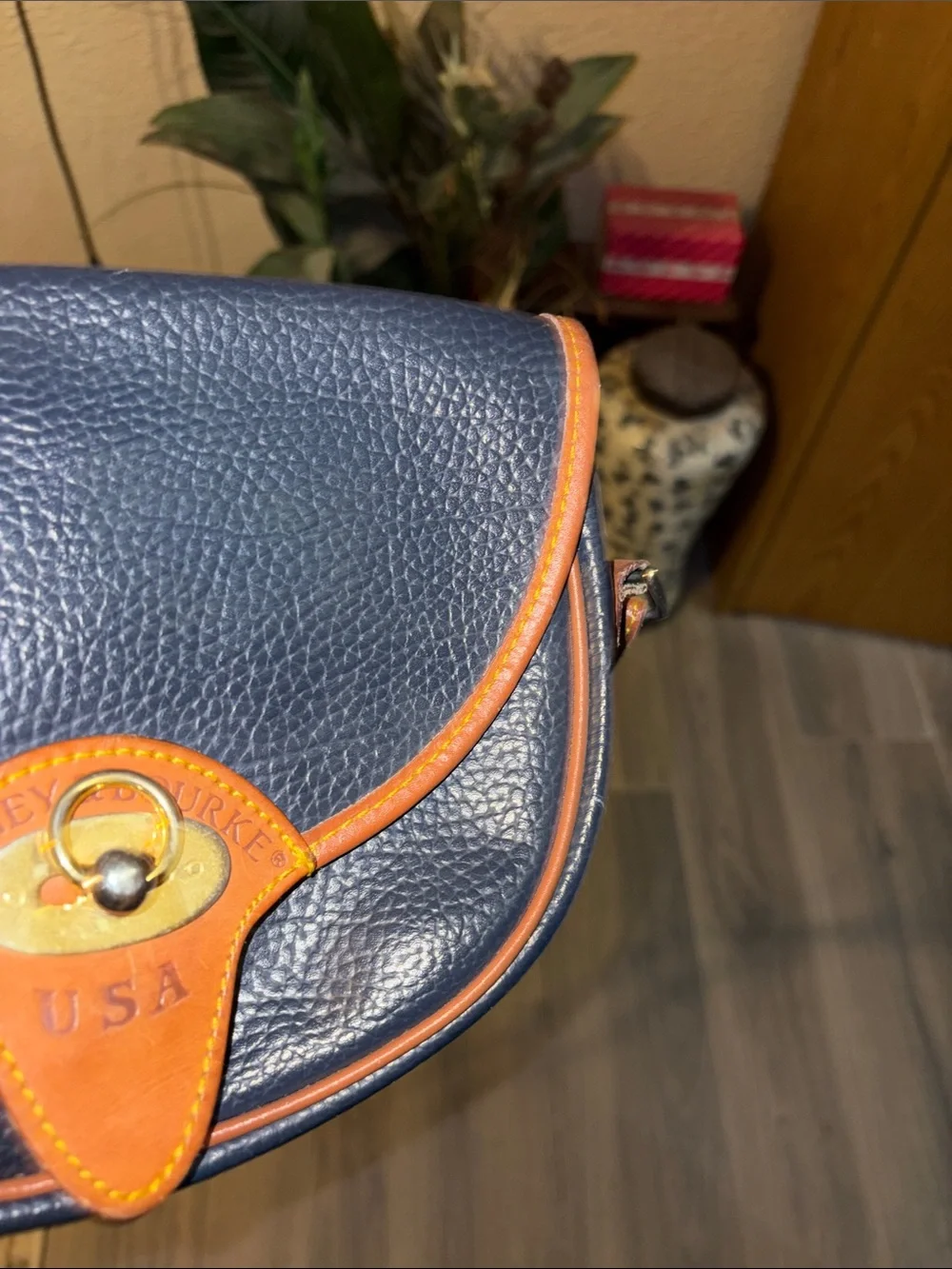Dooney & Bourke Navy Pebble Leather Crossbody with Tan Trim and Strap